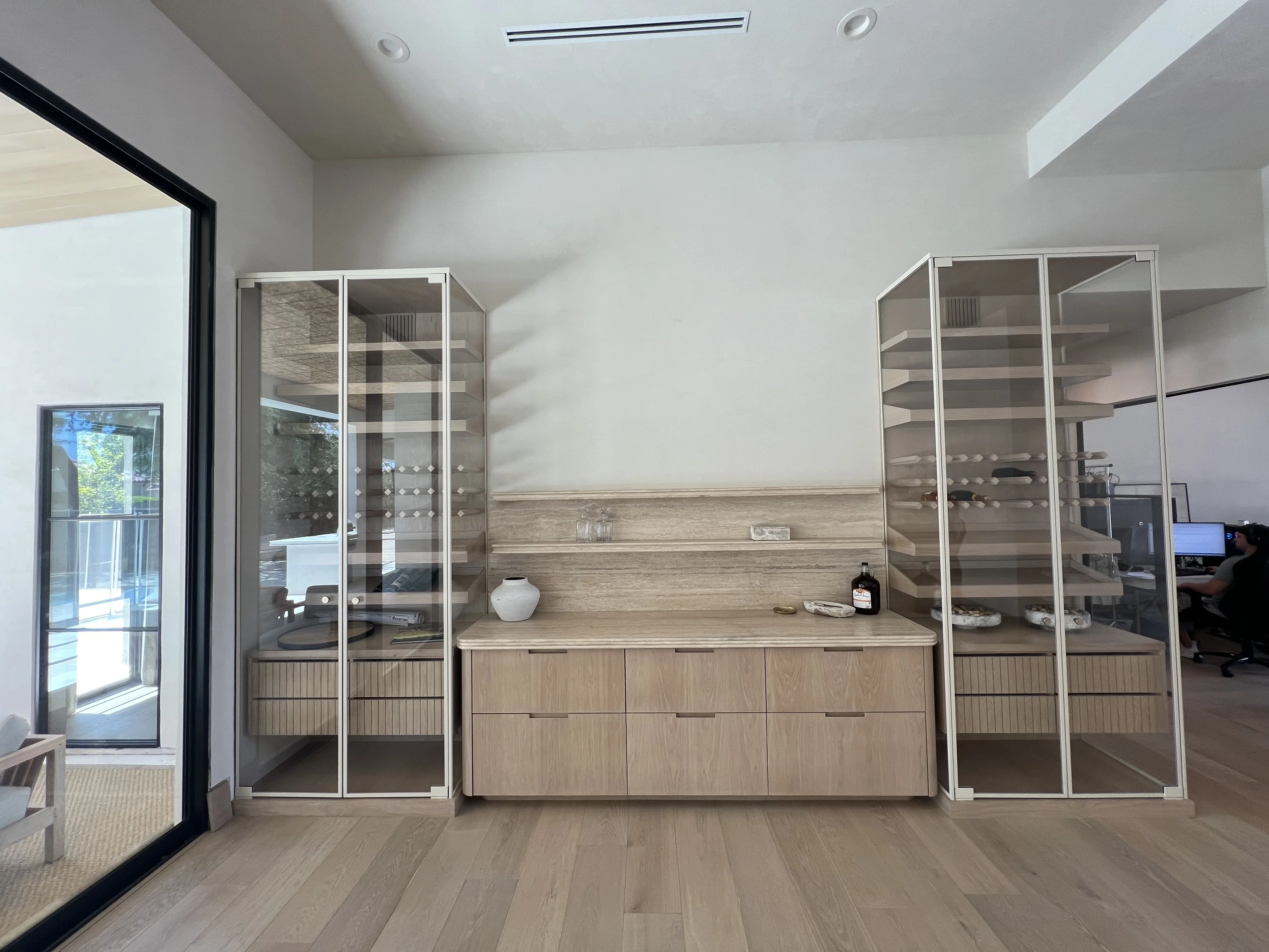 White oak bar floating shelves wine storage in Paradise Valley, AZ