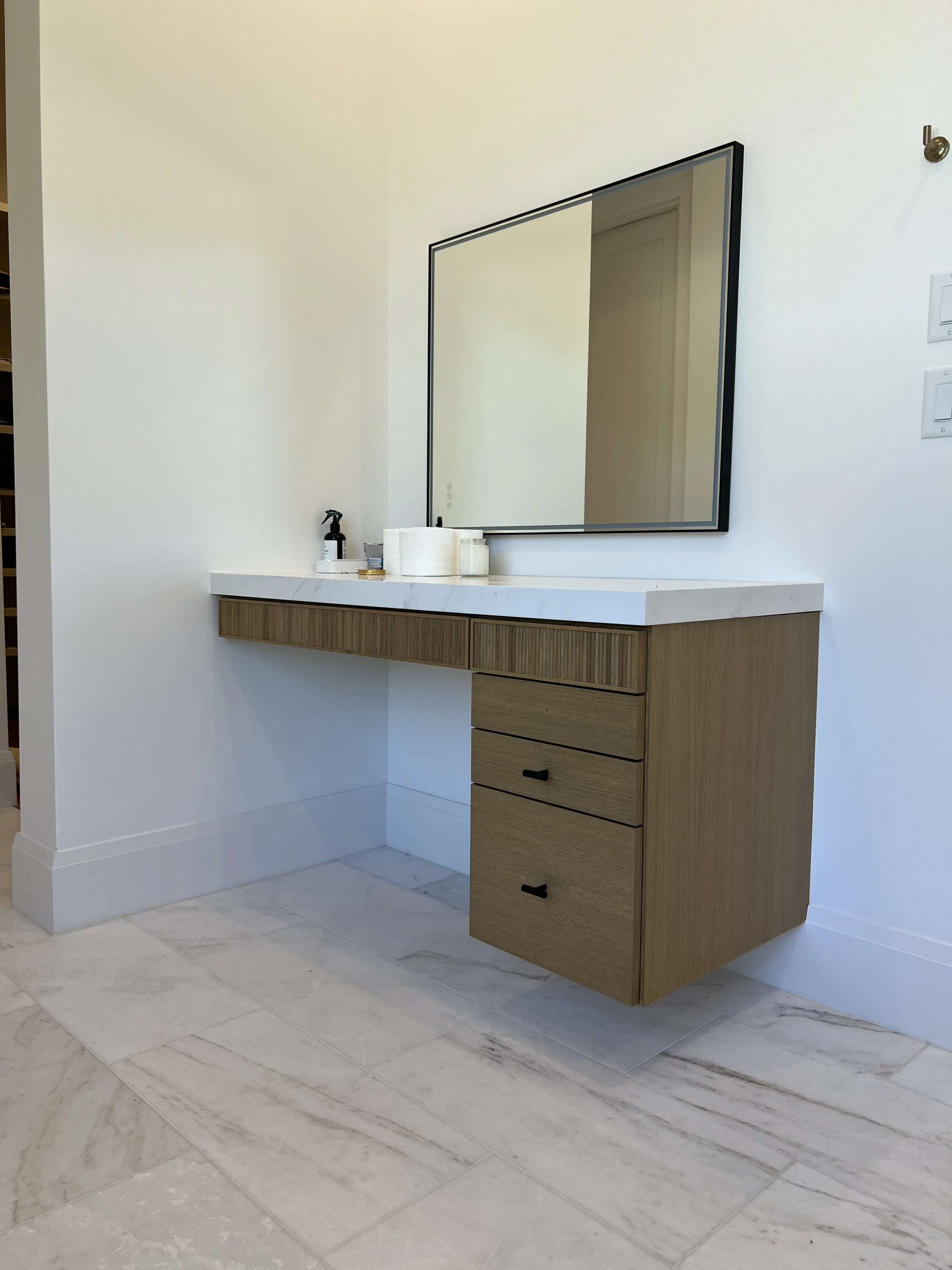 Rift white oak floating vanity pencil reeded drawers